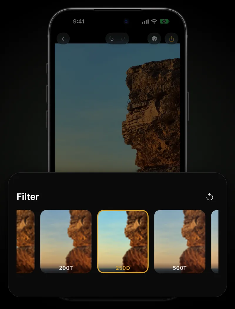 The editor with the Filter row open under a photo