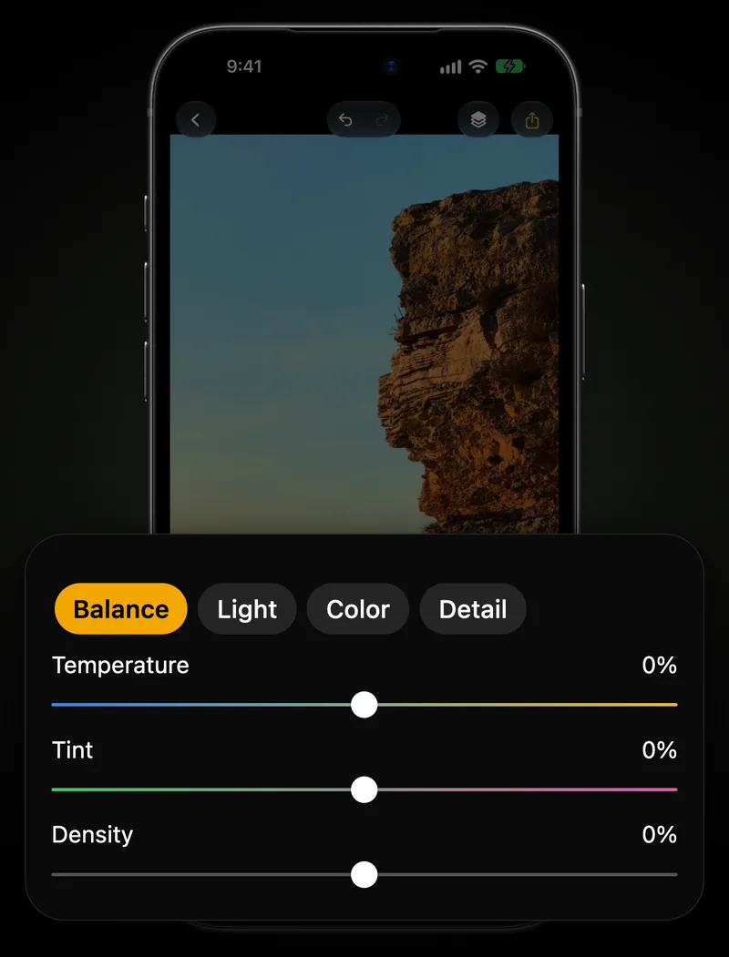 The editor with the Adjust sliders open under a photo