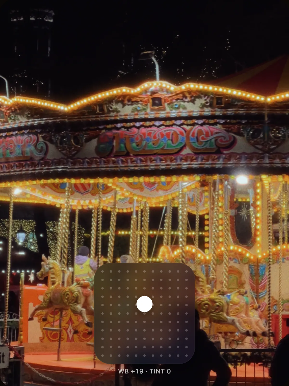 A carousel at night, with the warmth and tint pad moved toward warm